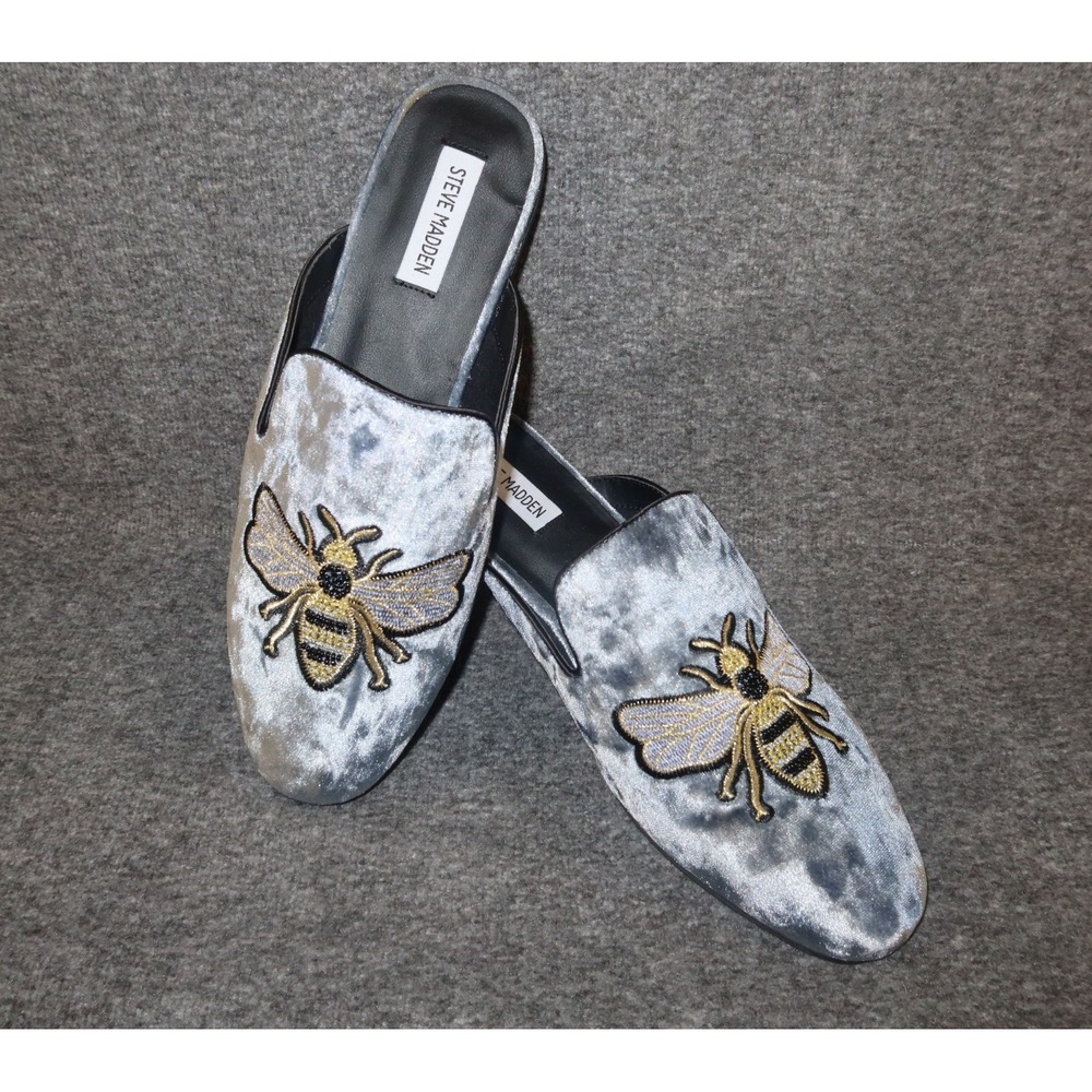 Steve Madden Hugh Blue Velvet Bee Mules Slip On Size 11 M Novelty Whimsical EUC